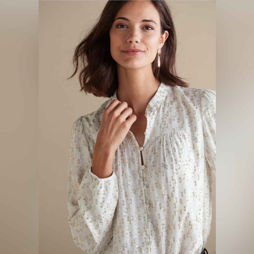 NWT SOFT SURROUNDINGS Mila Metallic Blouse Women's Ivory Gold Long‎ Sleeve Lined